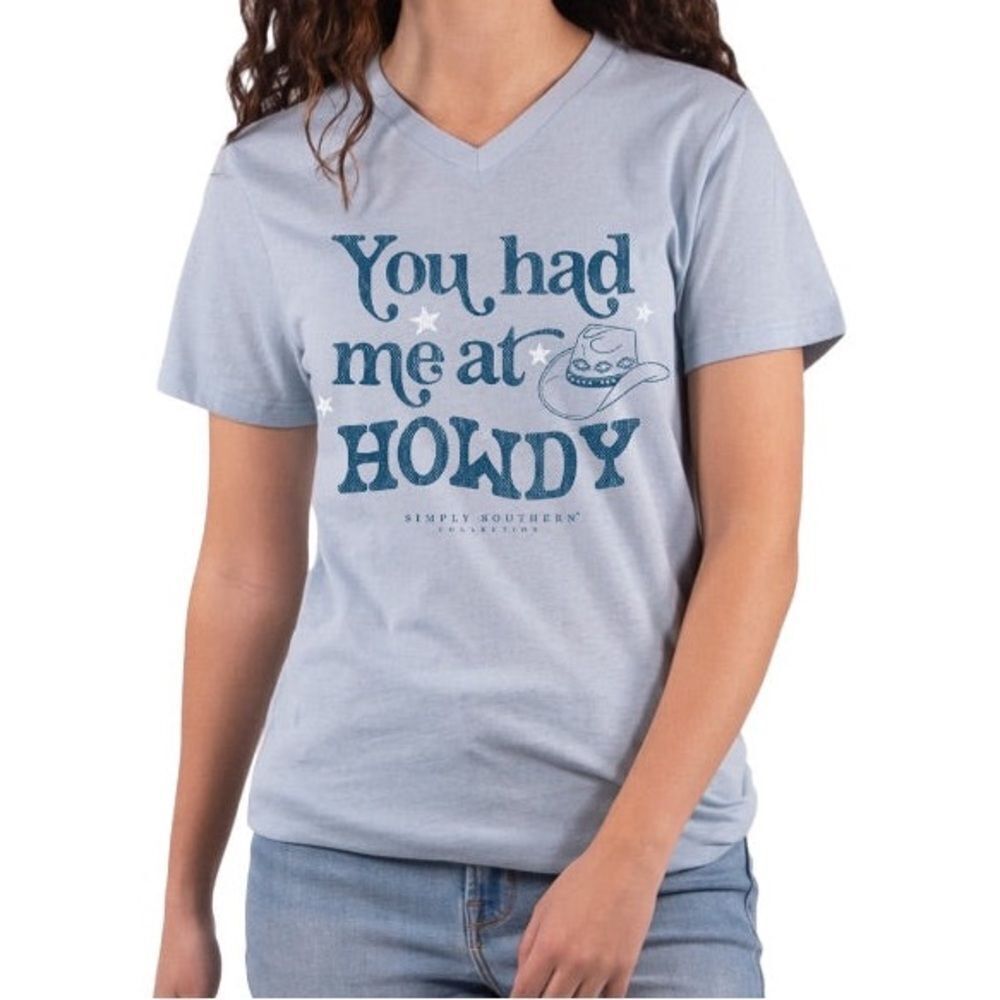 Simply Southern Light Blue Howdy Country Girl V Neck Short Sleeve Tee